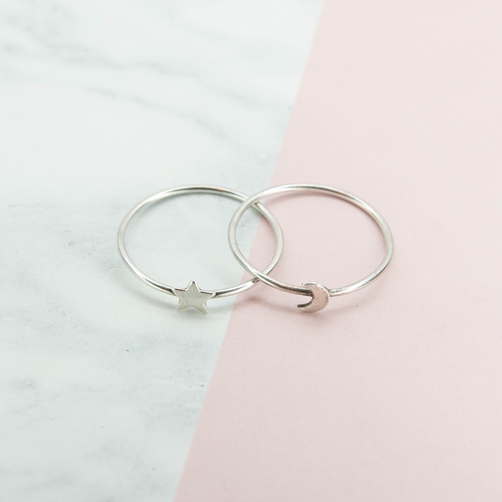 1mm Dainty 925 Sterling Silver Moon&Star pair rings